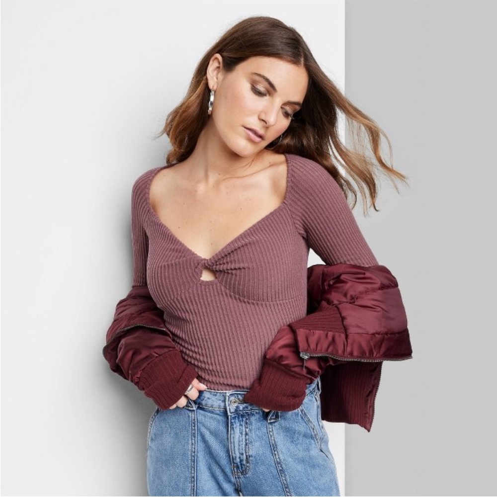 Wild Fable Cozy Ribbed Bodysuit in Burgundy.